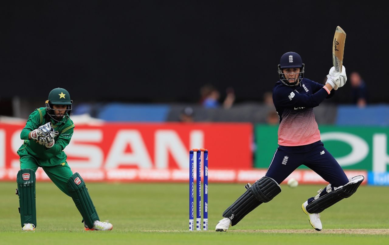 Natalie Sciver bunts one away through the off side, England v Pakistan, Women's World Cup, Leicester, June 27, 2017
