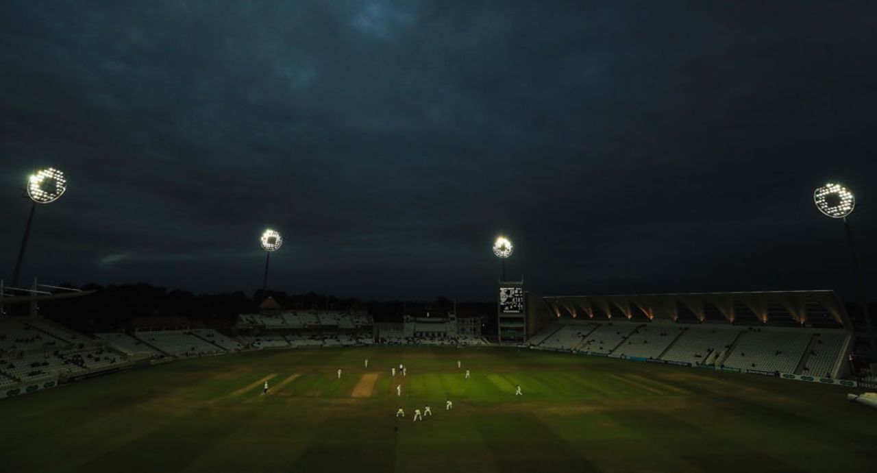 The floodlights take effect in the inaugural day-night round, Nottinghamshire v Kent, Specsavers County Championship Division One, Trent Bridge, 1st day, June 26, 2017