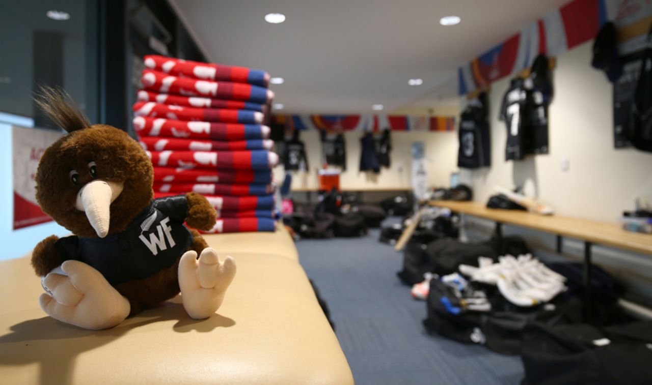 The New Zealand women's team mascot enjoys some alone time in the dressing room, New Zealand v South Africa, Women's World Cup, Derby, June 28, 2017
