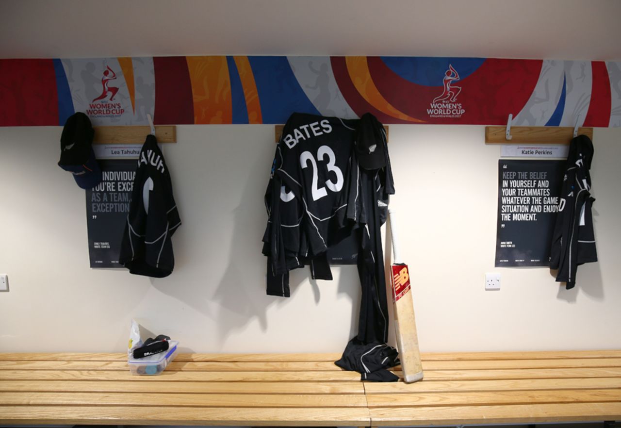 A glimpse of Suzie Bates' jersey inside the New Zealand dressing room, New Zealand v South Africa, Women's World Cup, Derby, June 28, 2017