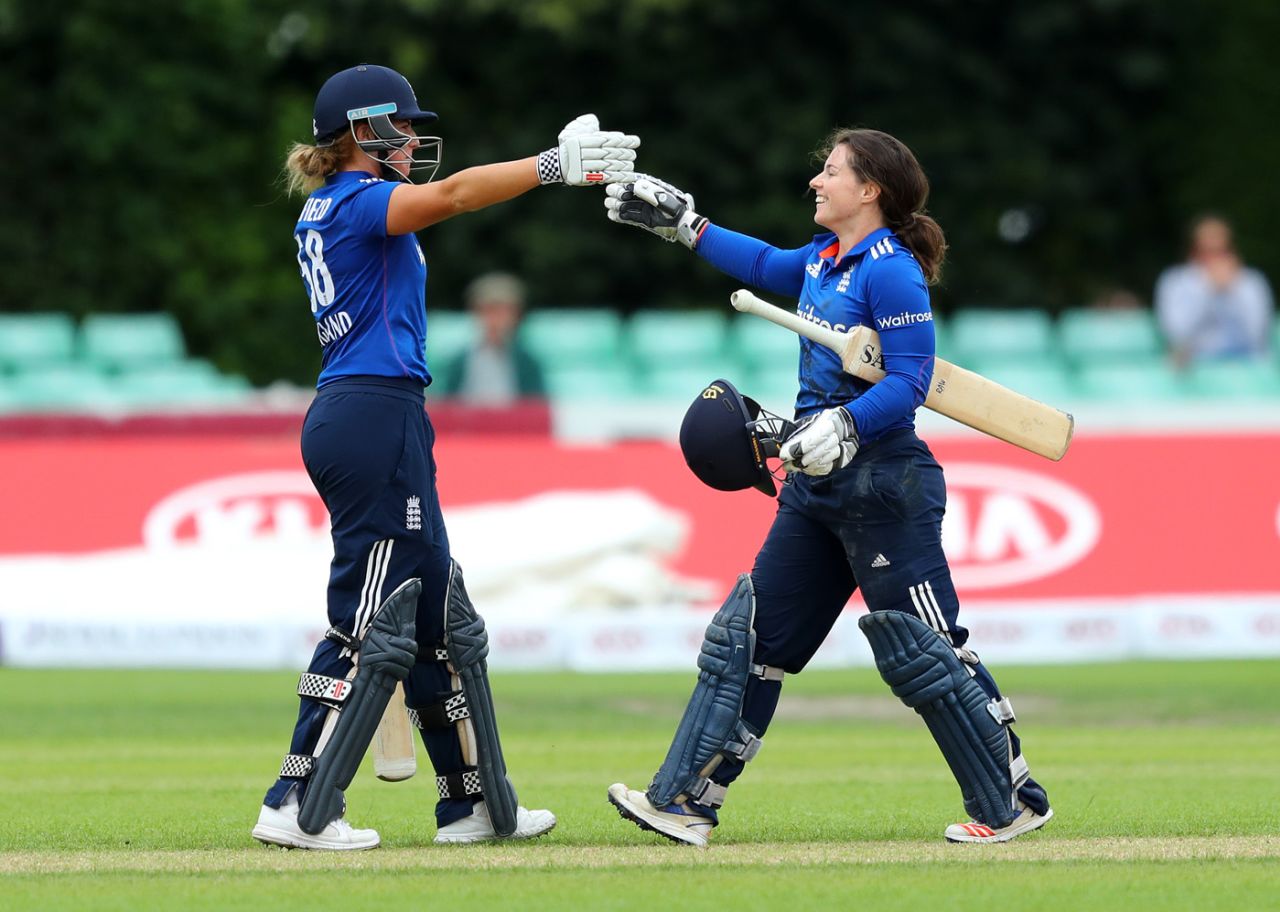 Lauren Winfield congratulates Tammy Beaumont on her hundred, England v Pakistan, 2nd women's ODI, Worcester, June 22, 2016
