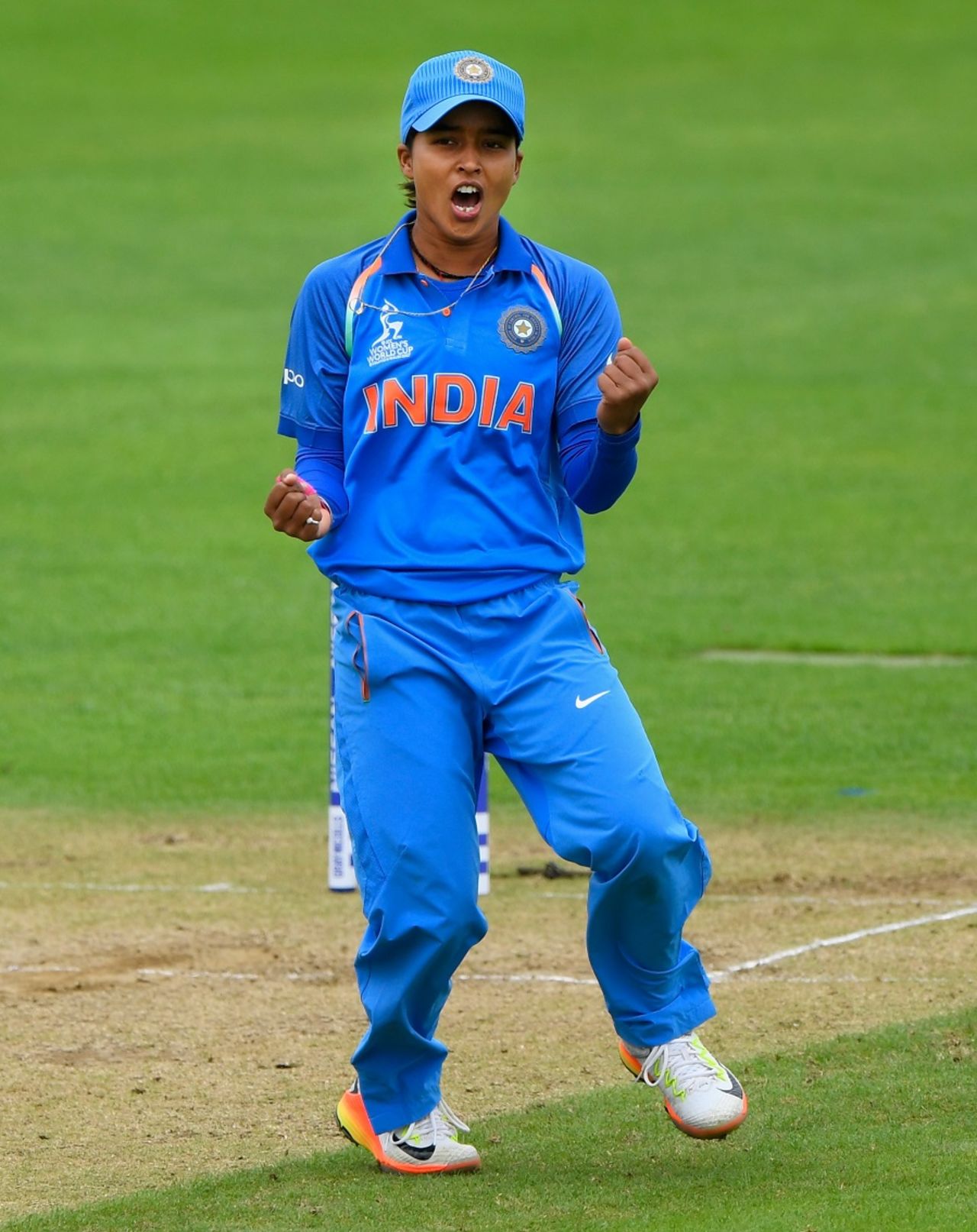 Ekta Bisht celebrates the wicket of Felicia Walters, India v West Indies, Women's World Cup, Taunton, June 29, 2017