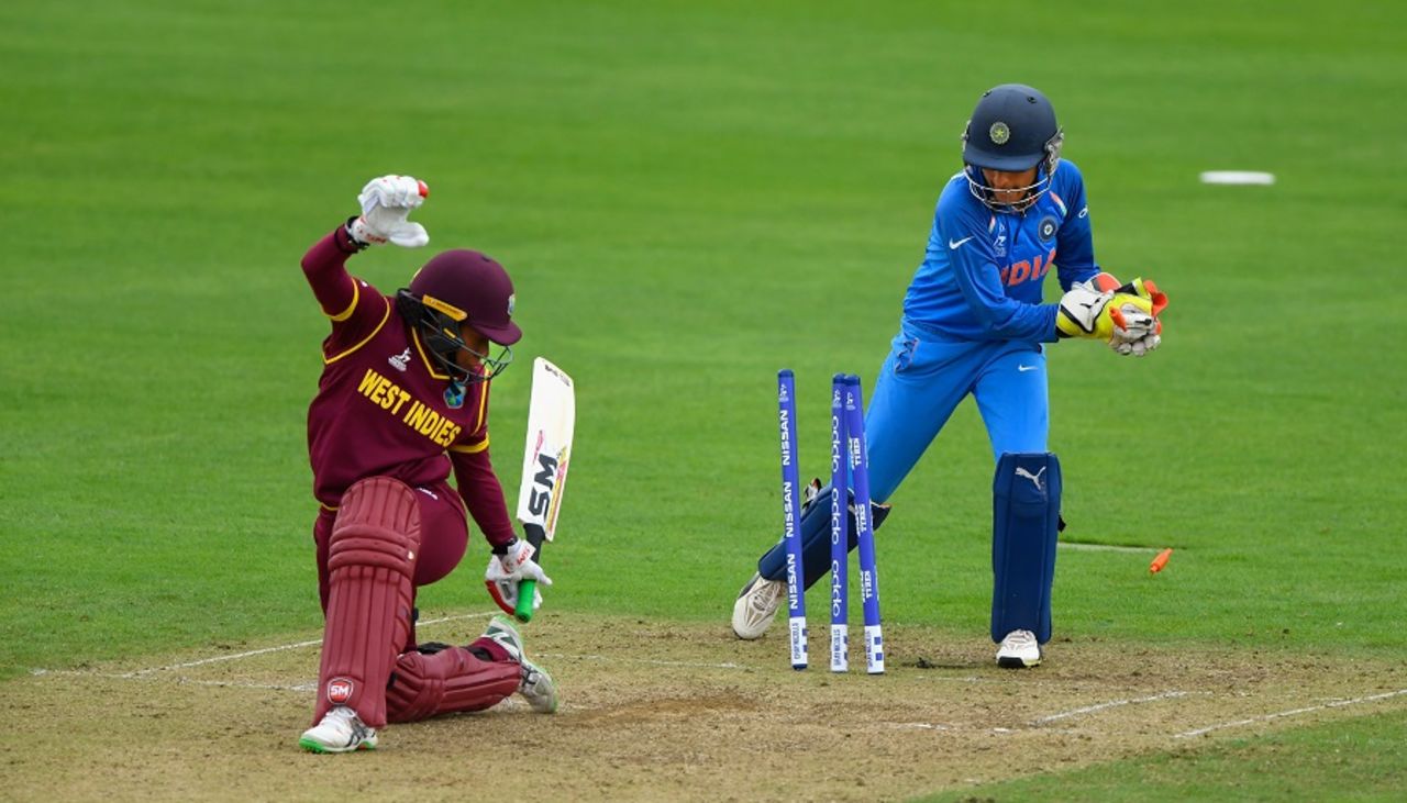Sushma Verma whips the bails off to catch Chedean Nation short, India v West Indies, Women's World Cup, Taunton, June 29, 2017