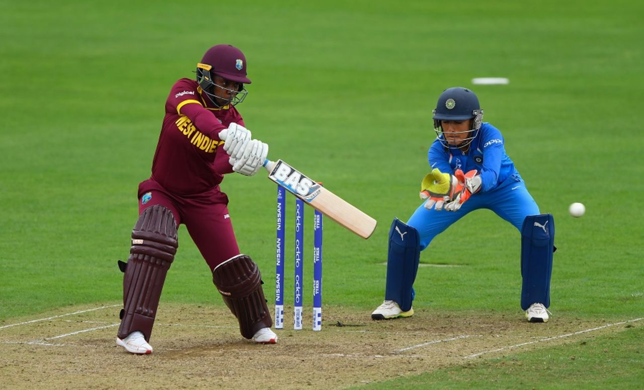 Shanel Daley plays a cut, India v West Indies, Women's World Cup, Taunton, June 29, 2017