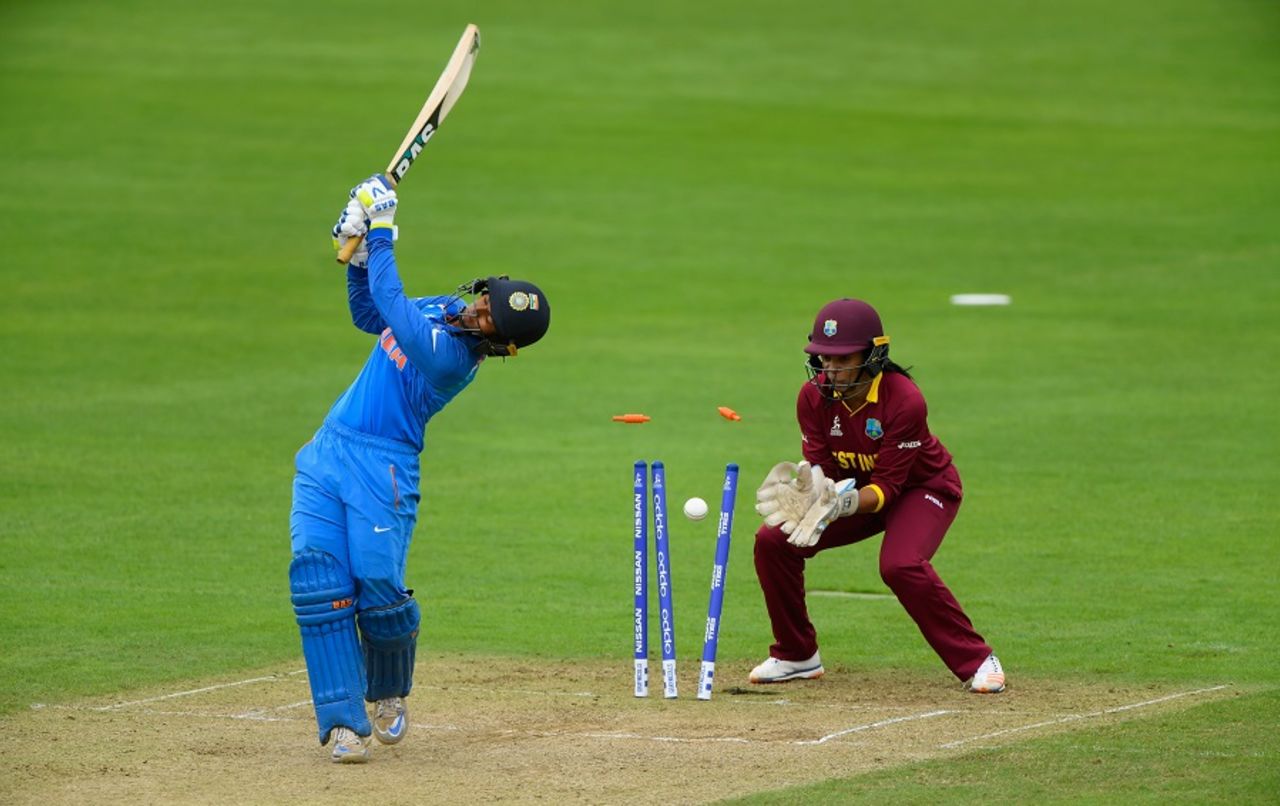Deepti Sharma missed a wild slog and was bowled for 6, India v West Indies, Women's World Cup, Taunton, June 29, 2017
