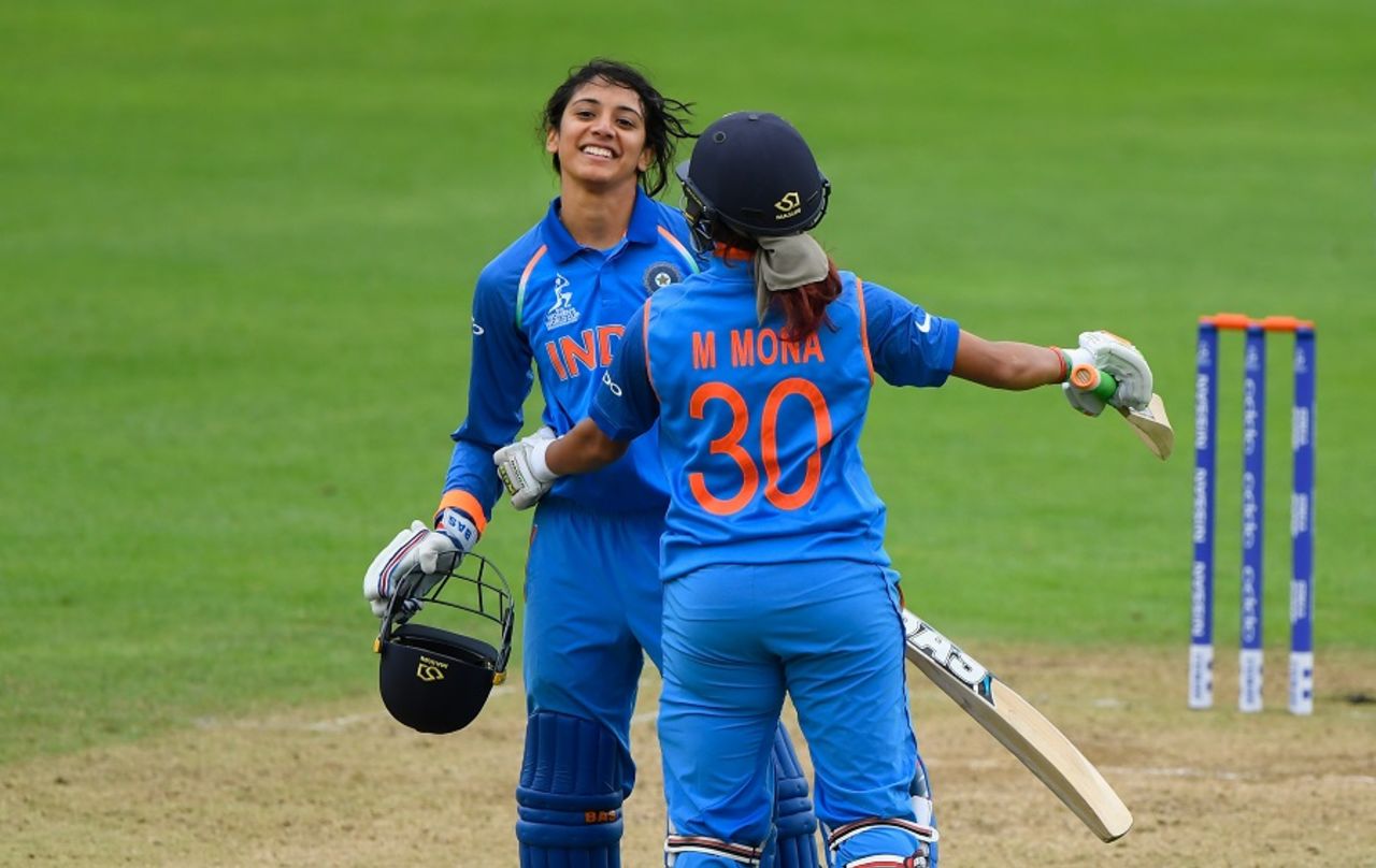 Smriti Madhana celebrates her century with Mona Meshram, India v West Indies, Women's World Cup, Taunton, June 29, 2017