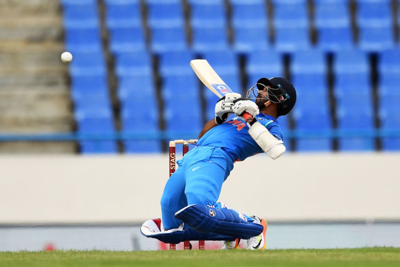 Ajinkya Rahane tries to sway away from a bouncer, West Indies v India, 3rd ODI, Antigua, June 30, 2017