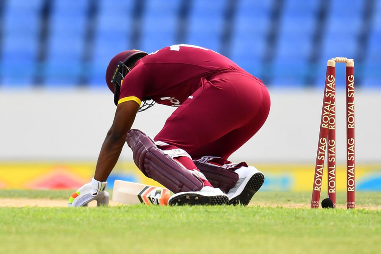 Evin Lewis is brought to the floor by an Umesh Yadav delivery, West Indies v India, 3rd ODI, Antigua, June 30, 2017