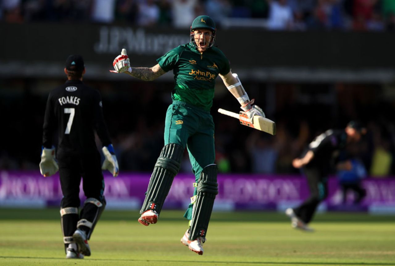 Alex Hales enjoys the moment of victory, Nottinghamshire v Surrey, Royal London Cup final, Lord's, July 1, 2017