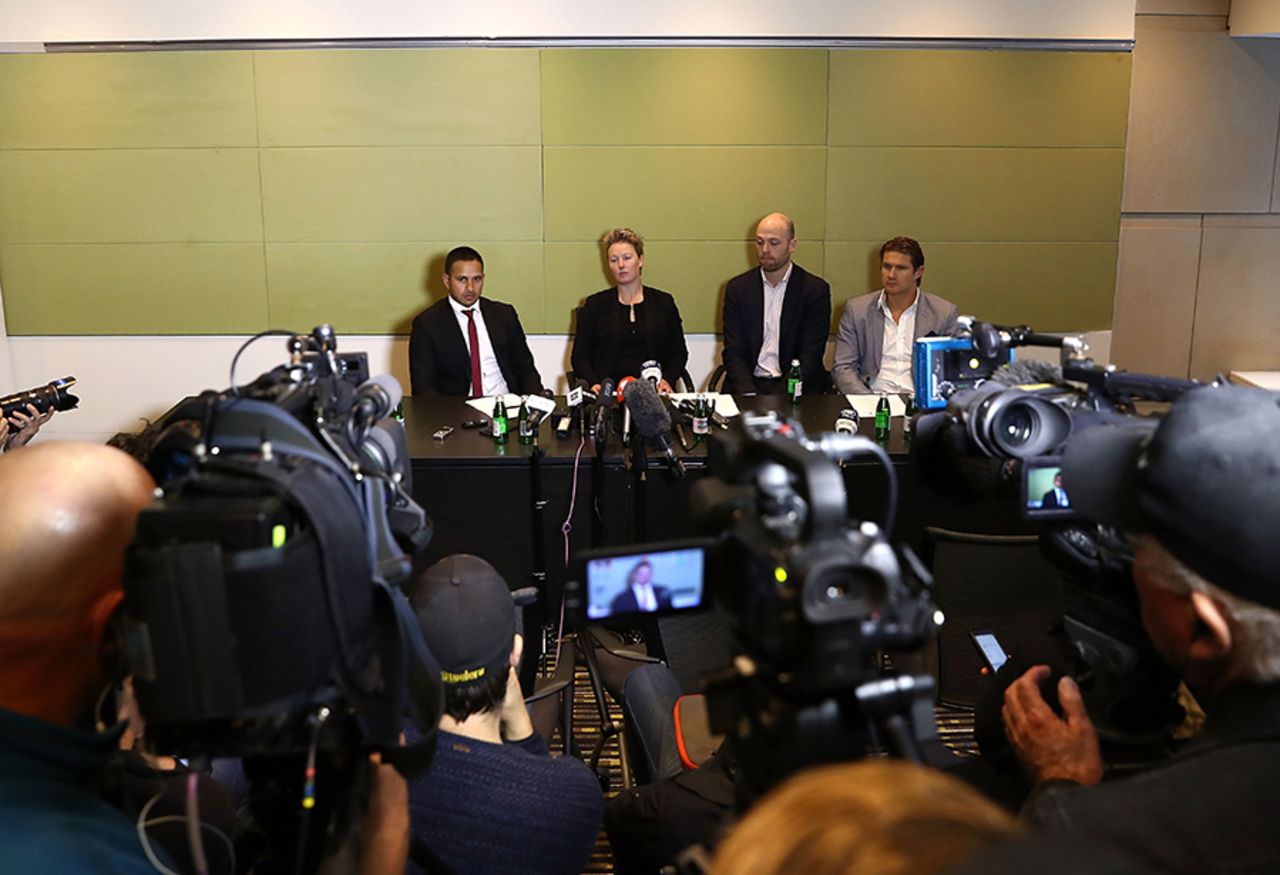 Usman Khawaja, Clea Smith, Alistair Nicholson and Shane Watson attend a press briefing after the Australian Cricketers Association's executive meeting, Sydney, July 2, 2017 