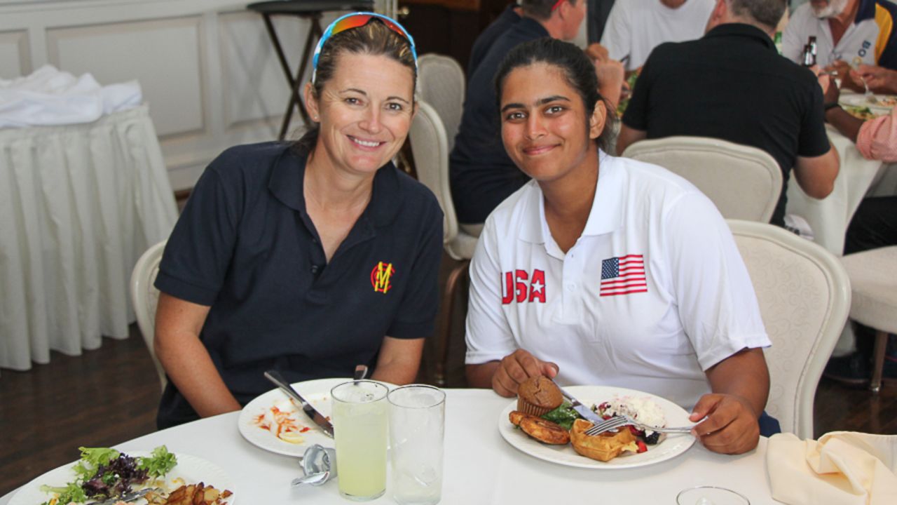 Charlotte Edwards shares a post-game meal with USA star Shebani Bhaskar, Philadelphia, September 11, 2016