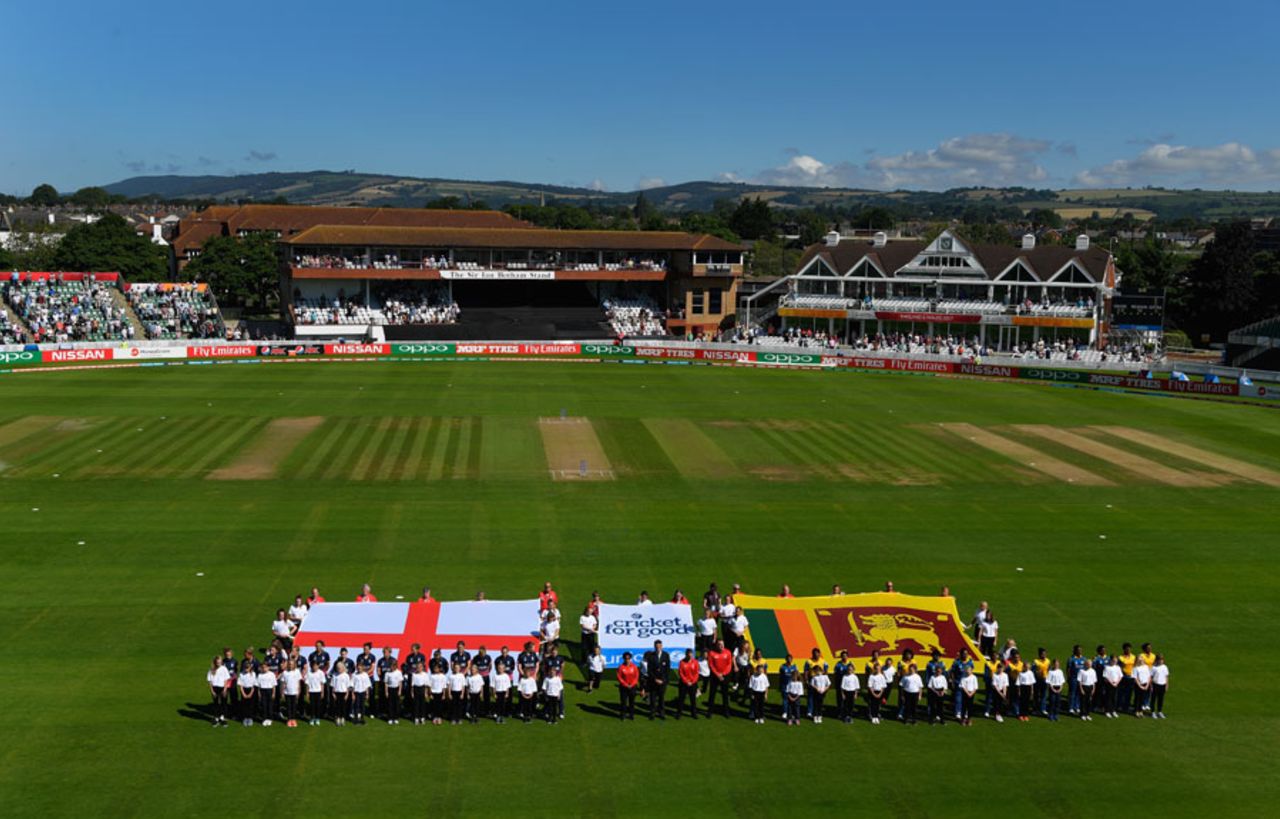 The teams line up for the anthems, England v Sri Lanka, Women's World Cup, Taunton, July 2, 2017