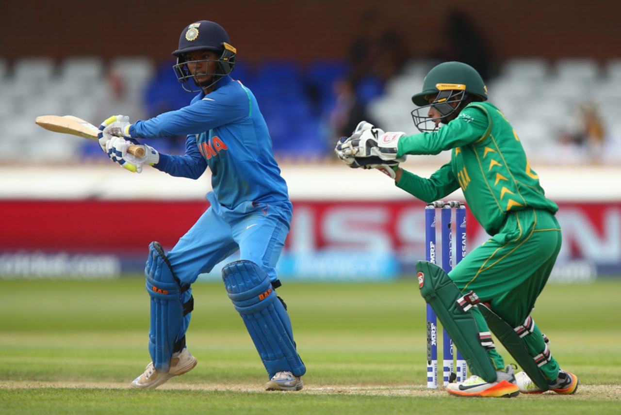 Deepti Sharma looks on after attempting the cut, India v Pakistan, Women's World Cup 2017, Deby, July 2, 2017
