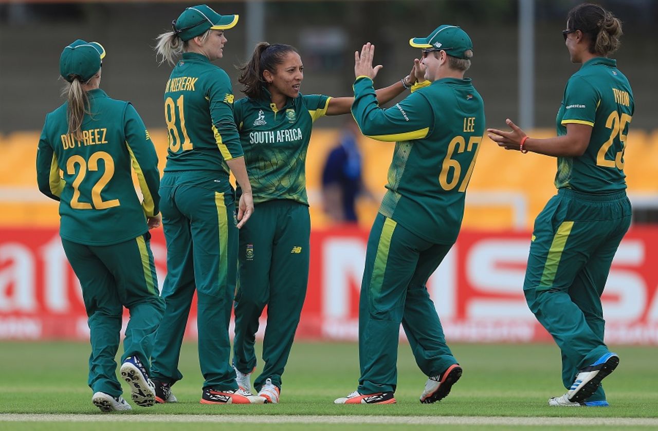 Shabnim Ismail is congratulated on the wicket of Hayley Matthews, South Africa v West Indies, Women's World Cup, Leicester, July 2, 2017