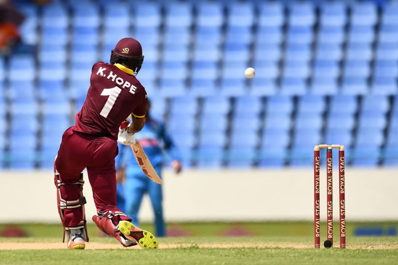 Kyle Hope skies an attempted drive, West Indies v India, 4th ODI, Antigua, July 2, 2017