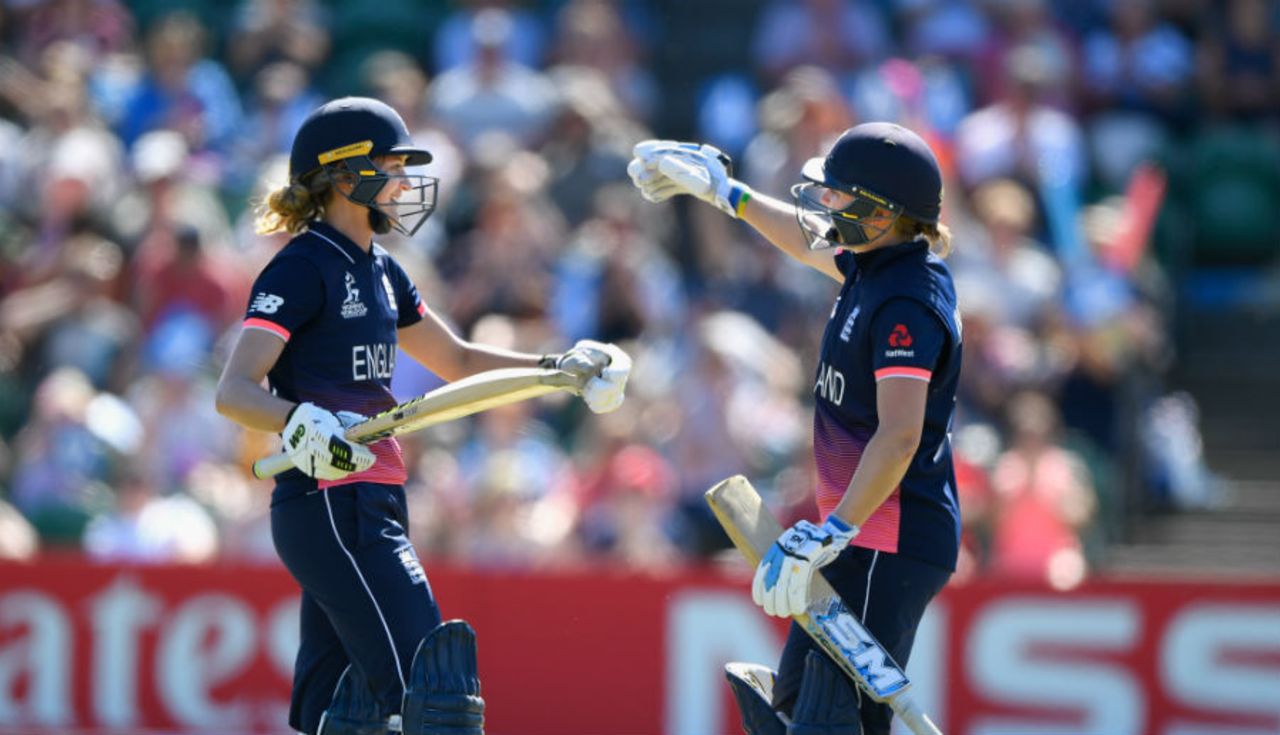 Heather Knight congratulates Sarah Taylor on her first fifty since returning to the team, England v Sri Lanka, Women's World Cup, Taunton, July 2, 2017