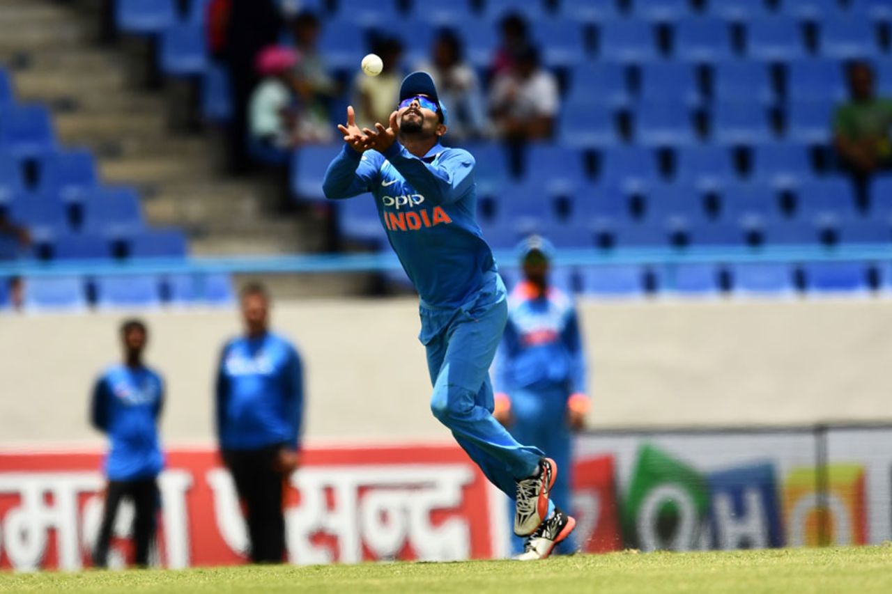 Ravindra Jadeja runs backwards to hold onto a catch, West Indies v India, 4th ODI, Antigua, July 2, 2017
