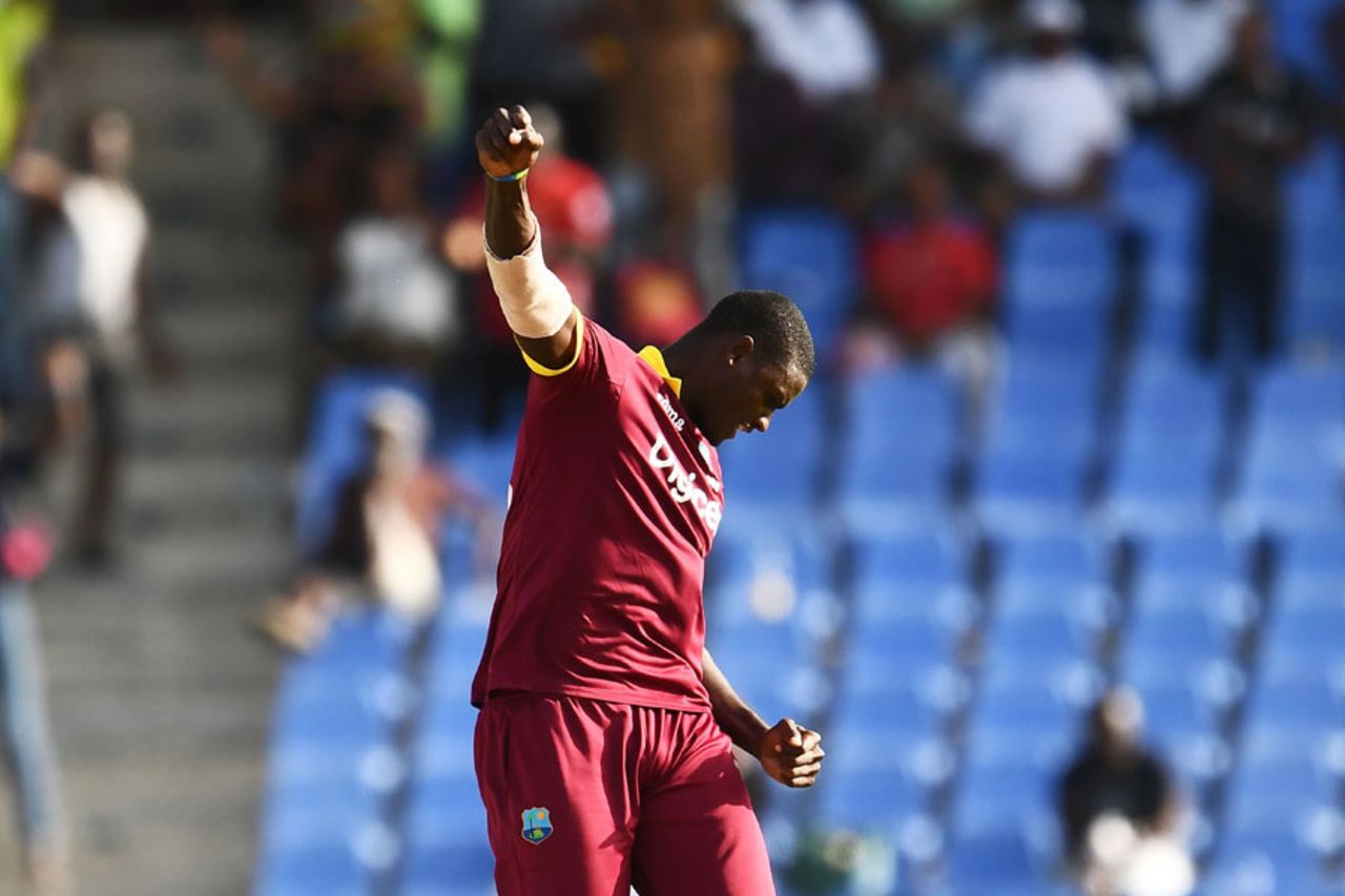 Jason Holder pumps his fist after dismissing Hardik Pandya, West Indies v India, 4th ODI, Antigua, July 2, 2017