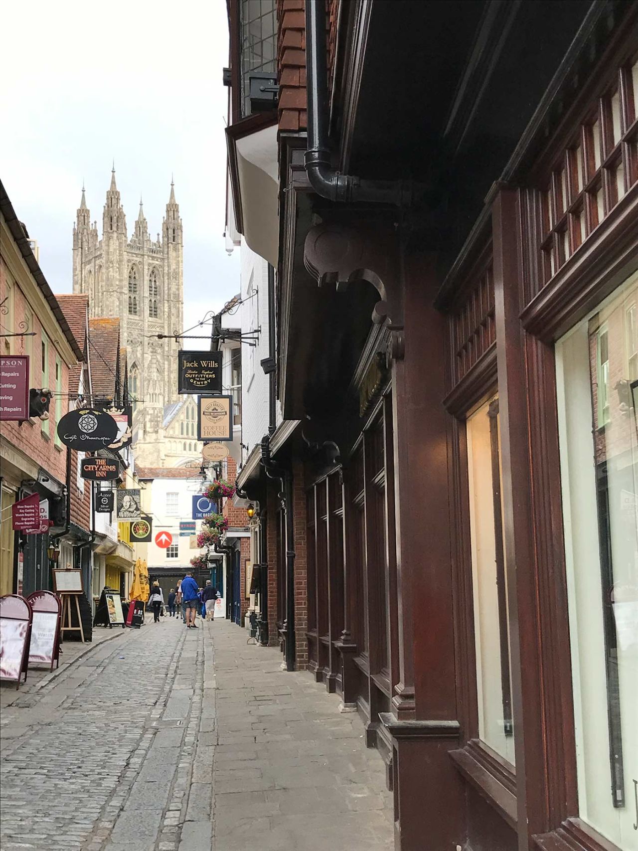 A street in Canterbury, with the cathedral in the background, June 2017