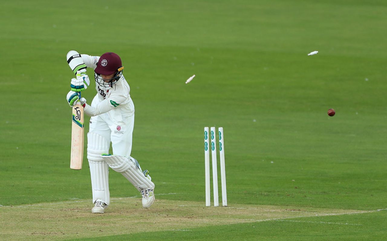 Edward Byrom was bowled by Liam Plunkett, Yorkshire v Somerset, Specsavers County Championship, Division One, Scarborough, July 3, 2017