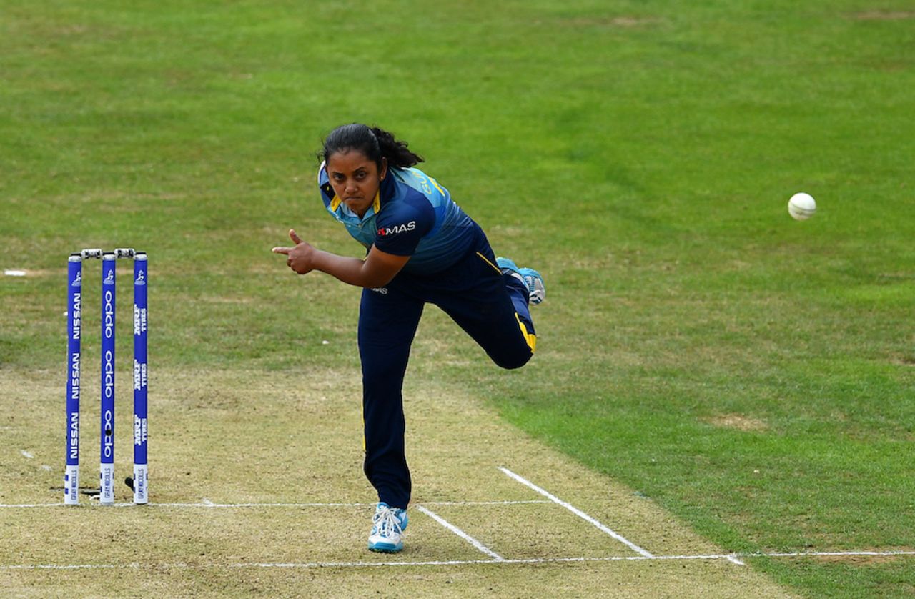 Chandima Gunaratne sends down a delivery, India v Sri Lanka, Women's World Cup 2017, Derby, July 5, 2017