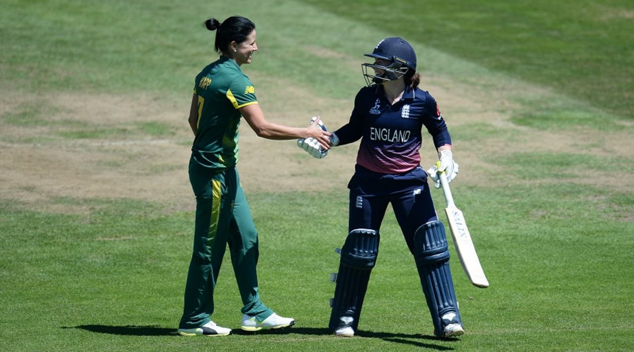 Marizanne Kapp offers her congratulations to Tammy Beaumont after the latter's dismissal for 148, England v South Africa, Women's World Cup, Bristol, July 5, 2017
