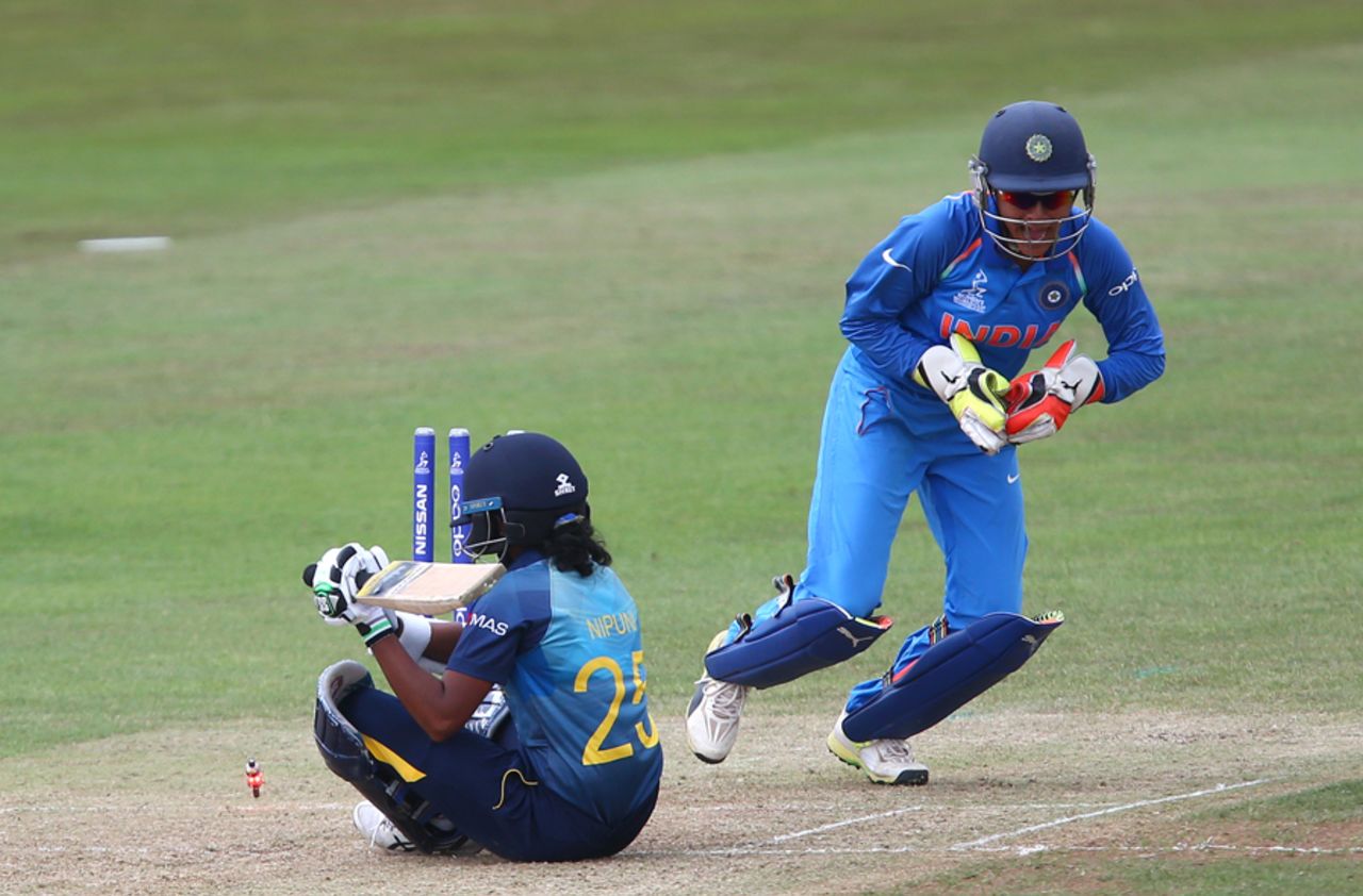 Nipuni Hansika was stumped by Sushma Verma as she attempted to drag her front foot back in time, India v Sri Lanka, Women's World Cup 2017, Derby, July 5, 2017