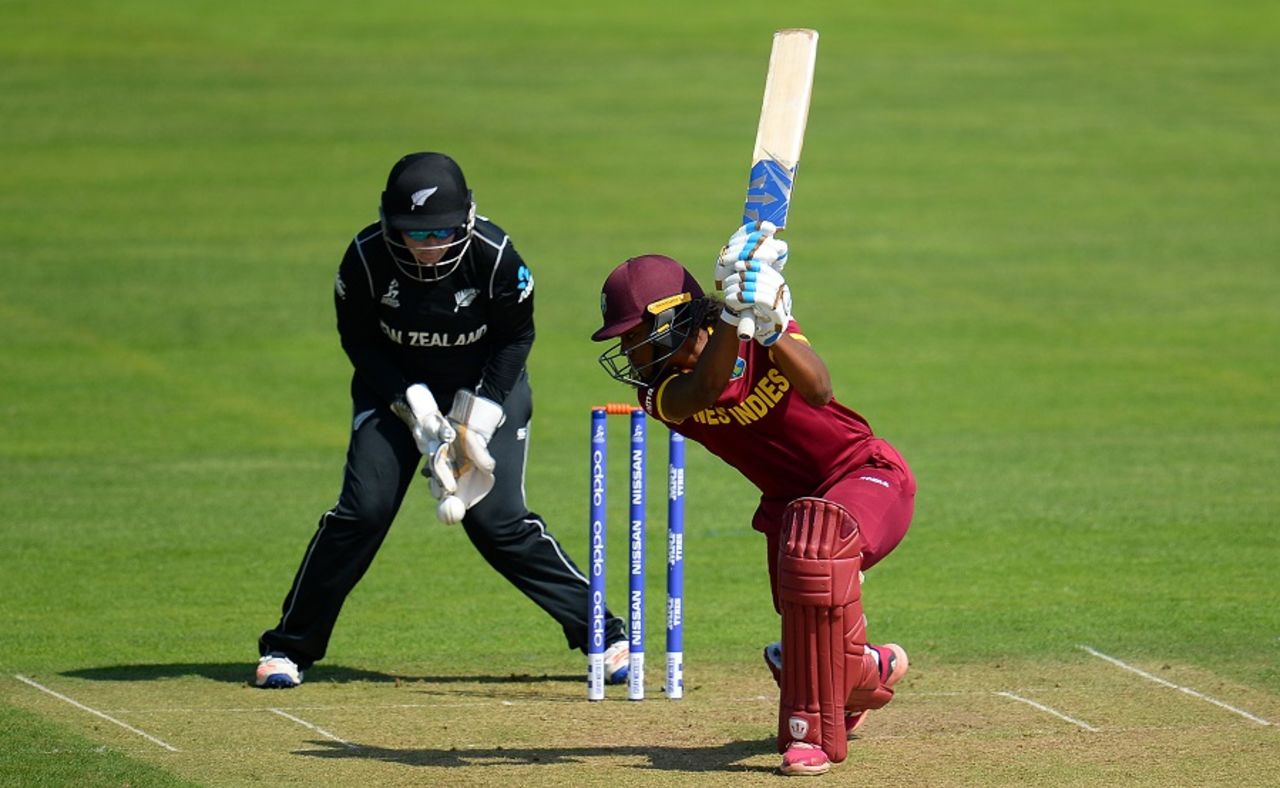 Rachel Priest holds on to a spinning ball that Hayley Matthews fails to connect with, West Indies v New Zealand, Women's World Cup, Taunton, July 6, 2017