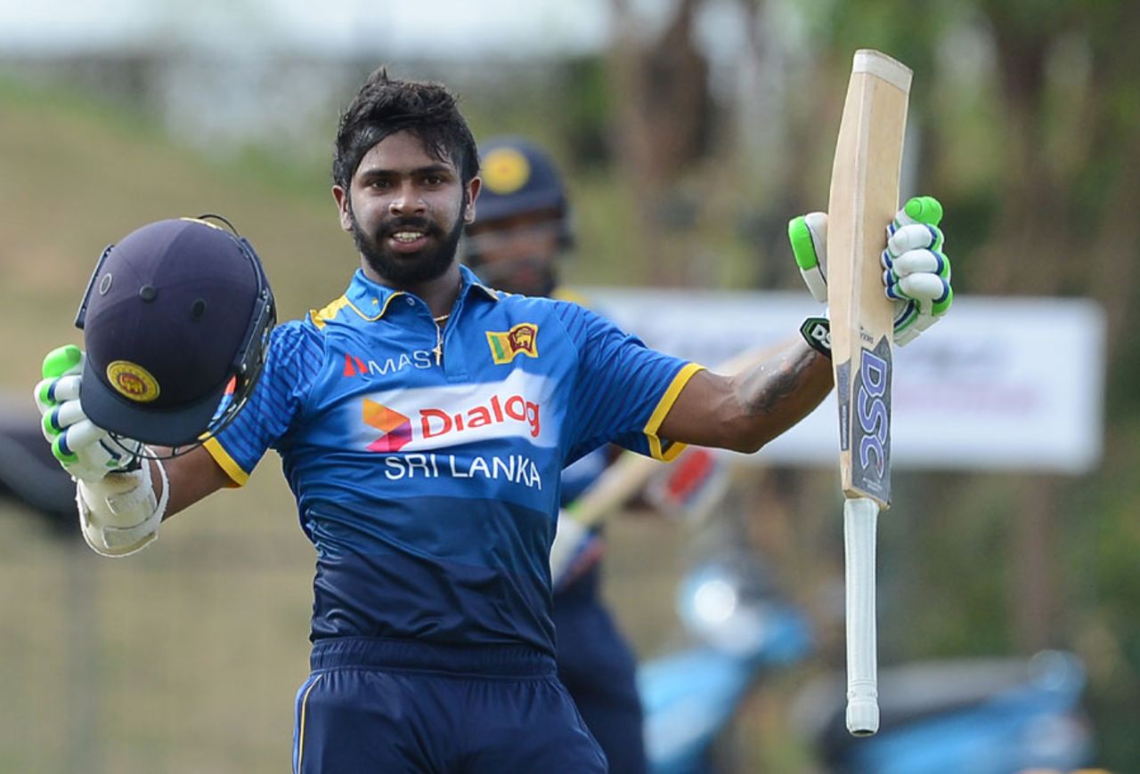 Niroshan Dickwella celebrates his maiden ODI hundred, Sri Lanka v Zimbabwe, 3rd ODI, Hambantota, July 6, 2017