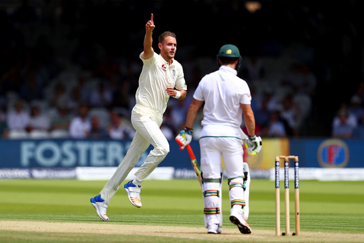 Stuart Broad make the first breakthrough when he removed Heino Kuhn, England v South Africa, 1st Investec Test, Lord's, 2nd day, July 7, 2017