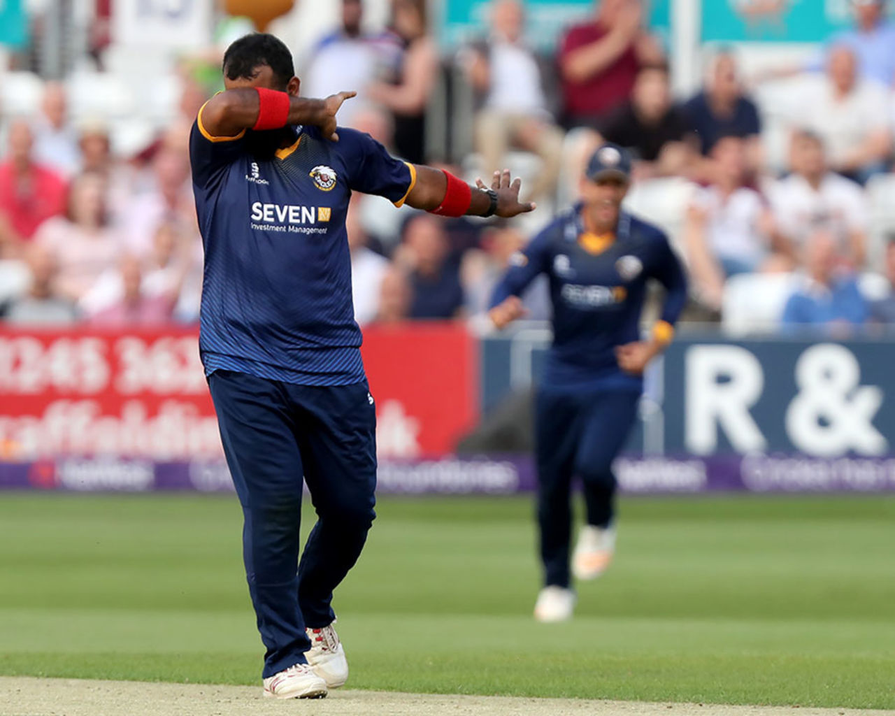 Ashar Zaidi 'dabs' after taking a wicket, Essex v Surrey, NatWest T20 Blast, South Group, Chelmsford, July 7, 2017