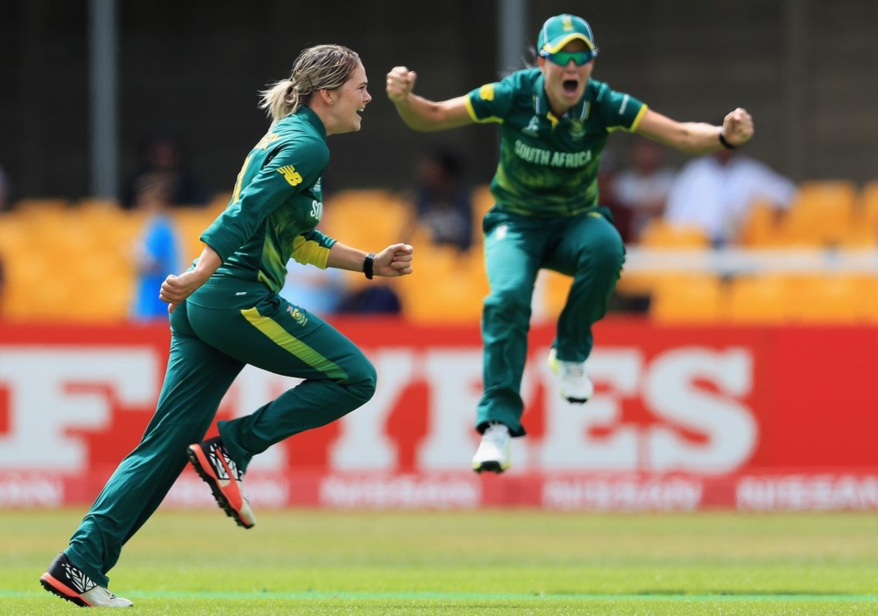 Dane van Niekerk sets off after bowling Mithali Raj for a duck, India v South Africa, Women's World Cup 2017, Leicester, July 8, 2017