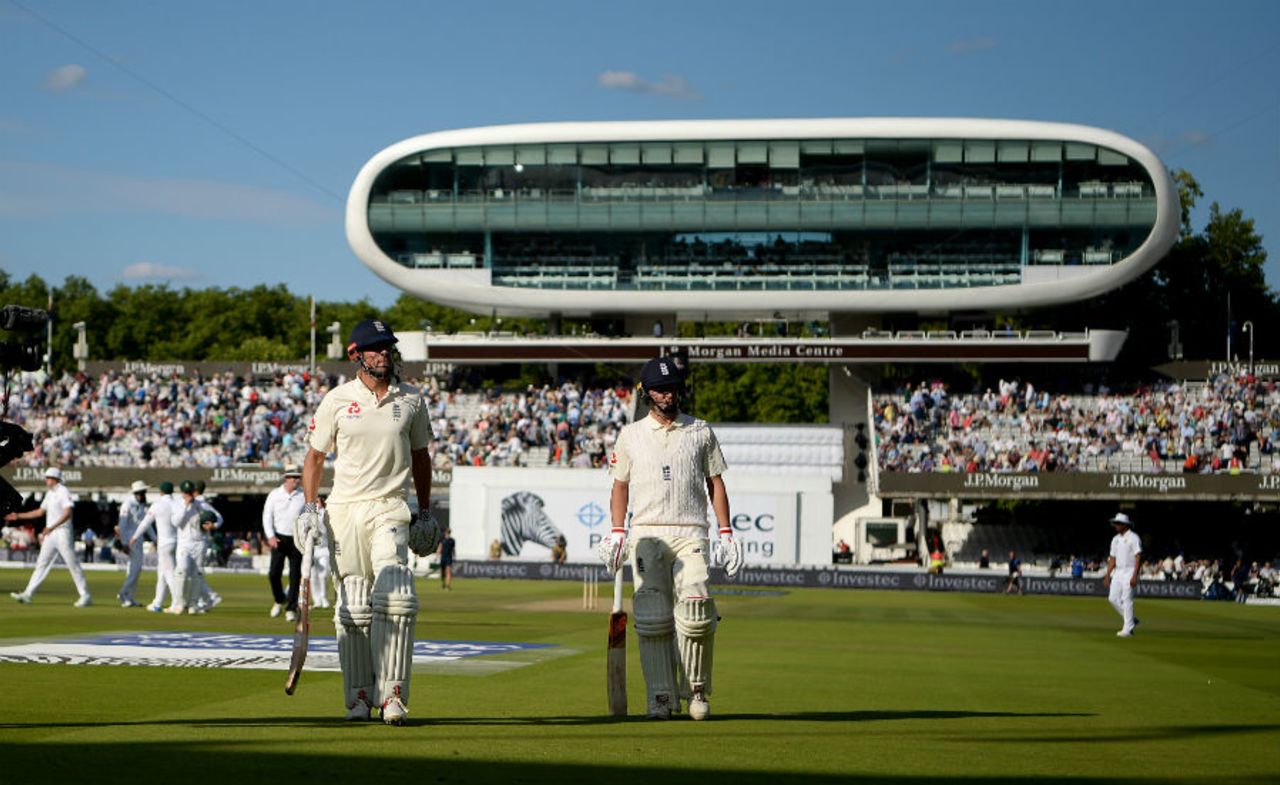 Alastair Cook and Gary Ballance leave the field at the close of play, England v South Africa, 1st Investec Test, Lord's, 3rd day, July 8, 2017