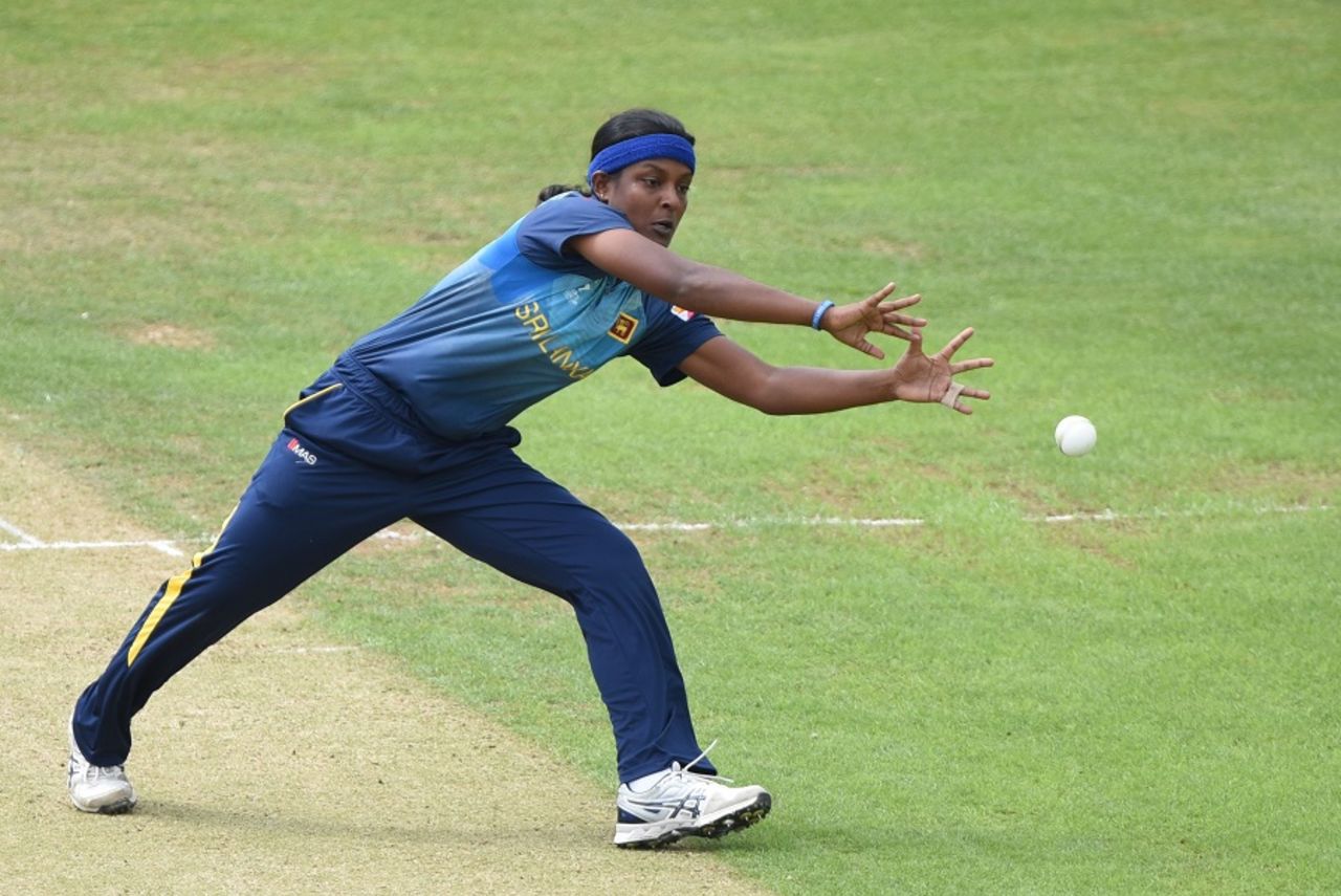 Ama Kanchana tries to stop the ball, West Indies v Sri Lanka, Women's World Cup, July 9, 2017