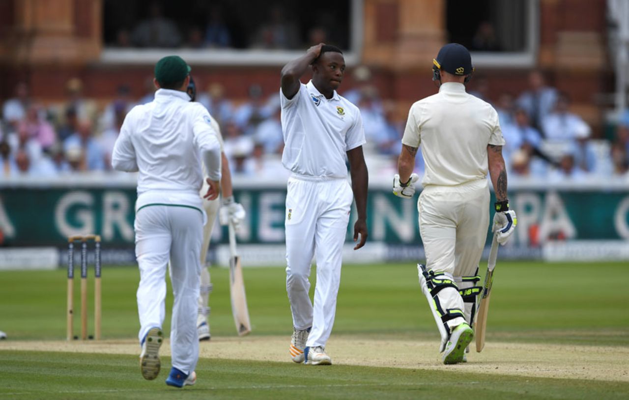 Kagiso Rabada walks past Ben Stokes nonchalantly after dismissing him, England v South Africa, 1st Investec Test, Lord's, 4th day, July 9, 2017
