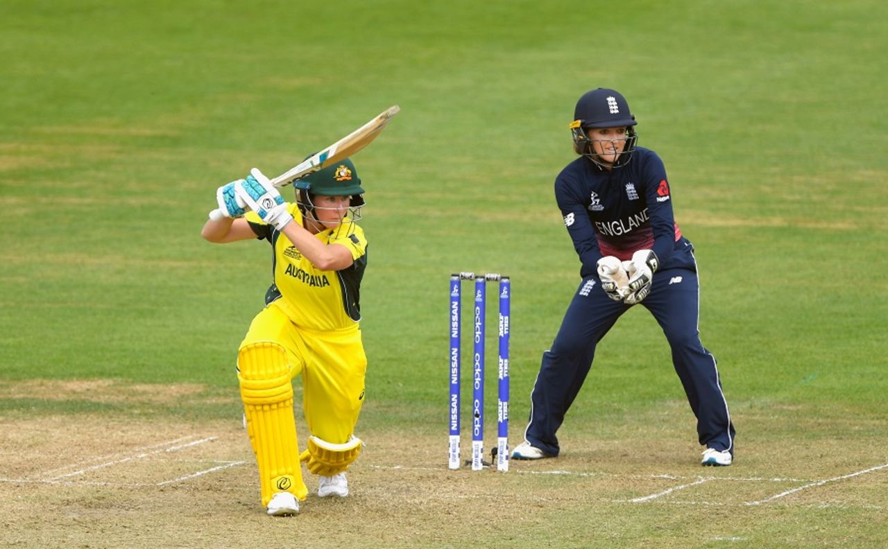Beth Mooney drives through cover, England v Australia, Women's World Cup, Bristol, July 9, 2017