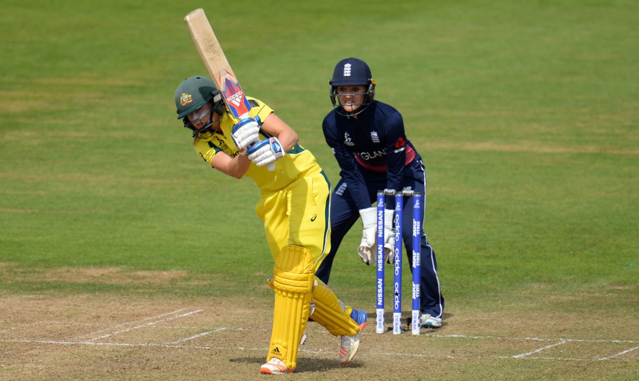 Ellyse Perry steps out to drive down the ground, England v Australia, Women's World Cup, Bristol, July 9, 2017