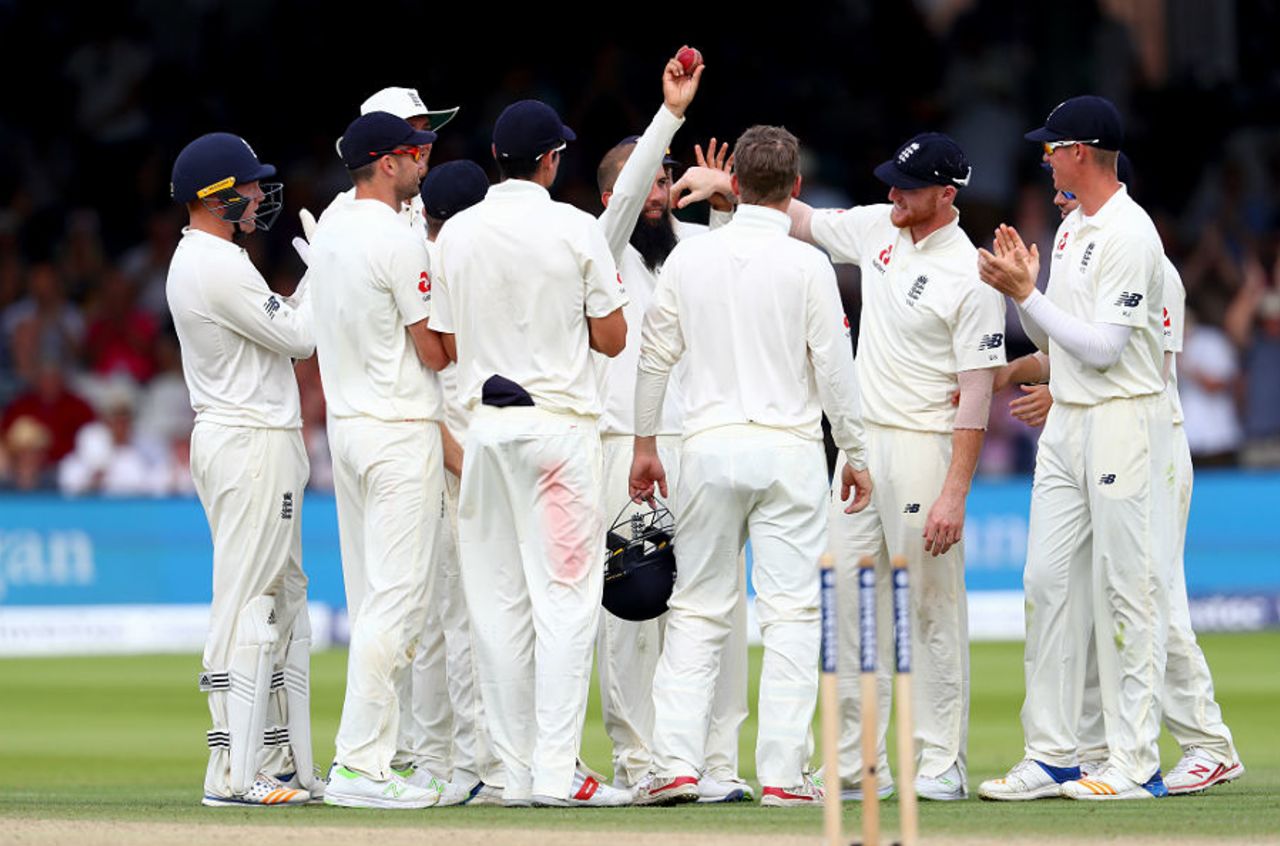 Moeen Ali celebrates his five-wicket haul as South Africa are rolled aside at Lord's, England v South Africa, 1st Investec Test, Lord's, 4th day, July 9, 2017