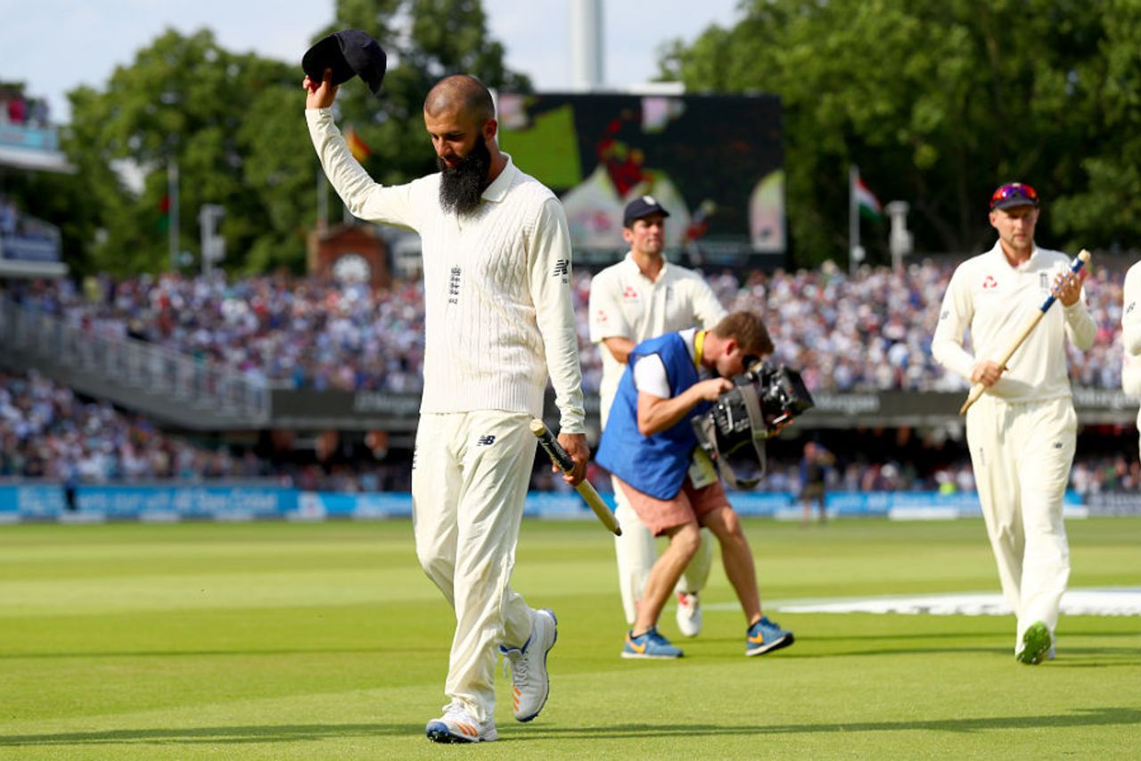 Moeen Ali leads England from the field after wrapping up victory in the first Test, England v South Africa, 1st Investec Test, Lord's, 4th day, July 9, 2017