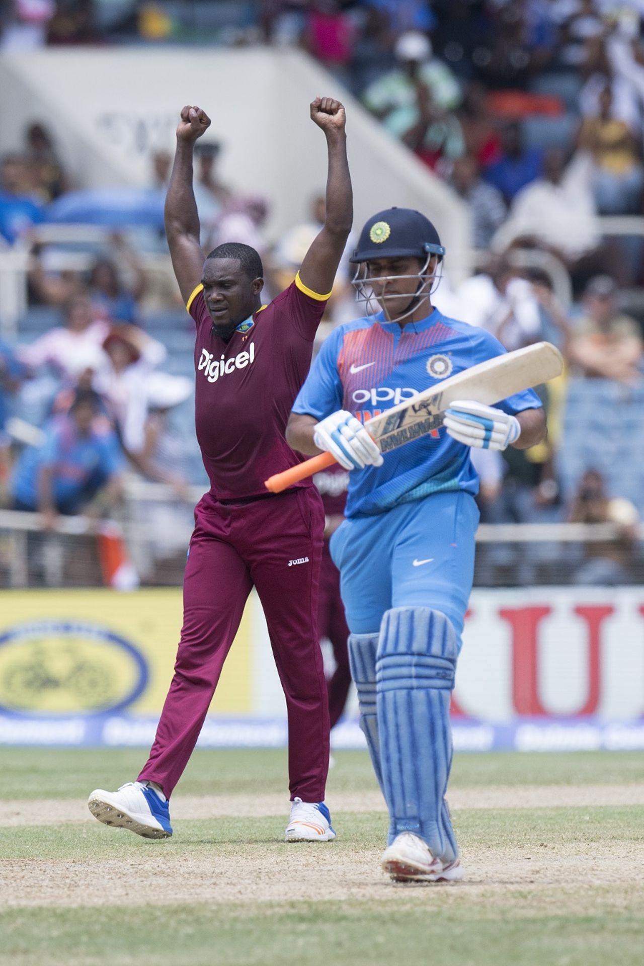 Jerome Taylor celebrates the wicket of MS Dhoni, West Indies v India, Only T20I, Kingston, July 9, 2017