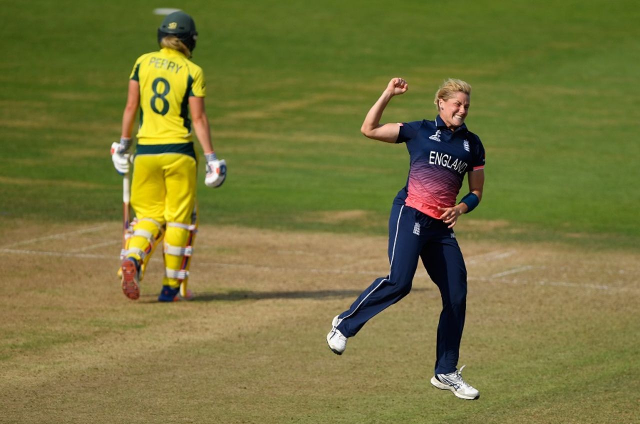 Katherine Brunt celebrates the wicket of Ellyse Perry, England v Australia, Women's World Cup, Bristol, July 9, 2017