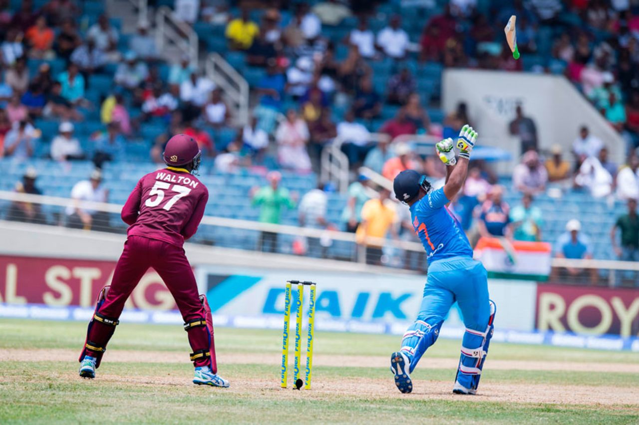 Rishabh Pant loses his bat as he tries to slog one, West Indies v India, Only T20I, Kingston, July 9, 2017