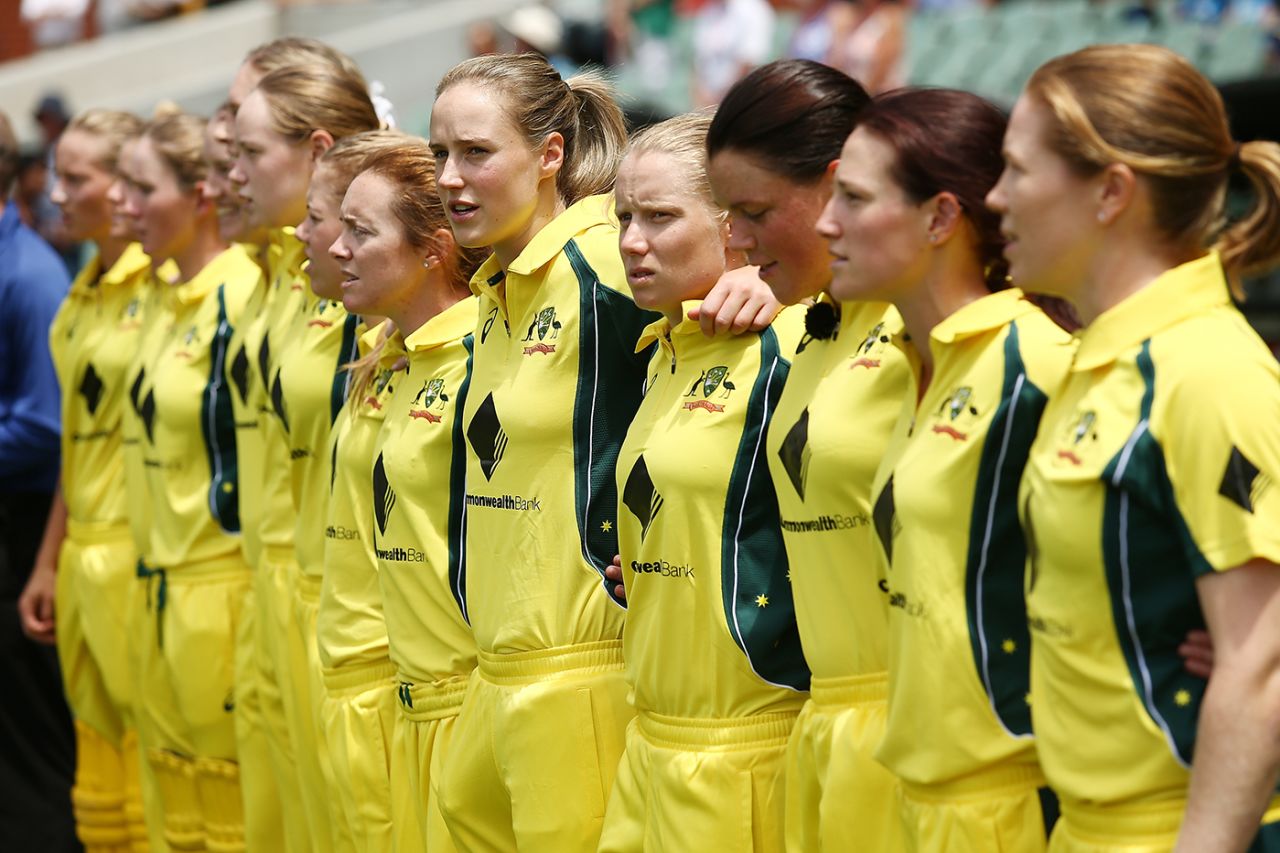 Ellyse Perry stands for Australia's national anthem along with her team-mates, Australia v India, 1st Women's T20, Adelaide, January 26, 2016