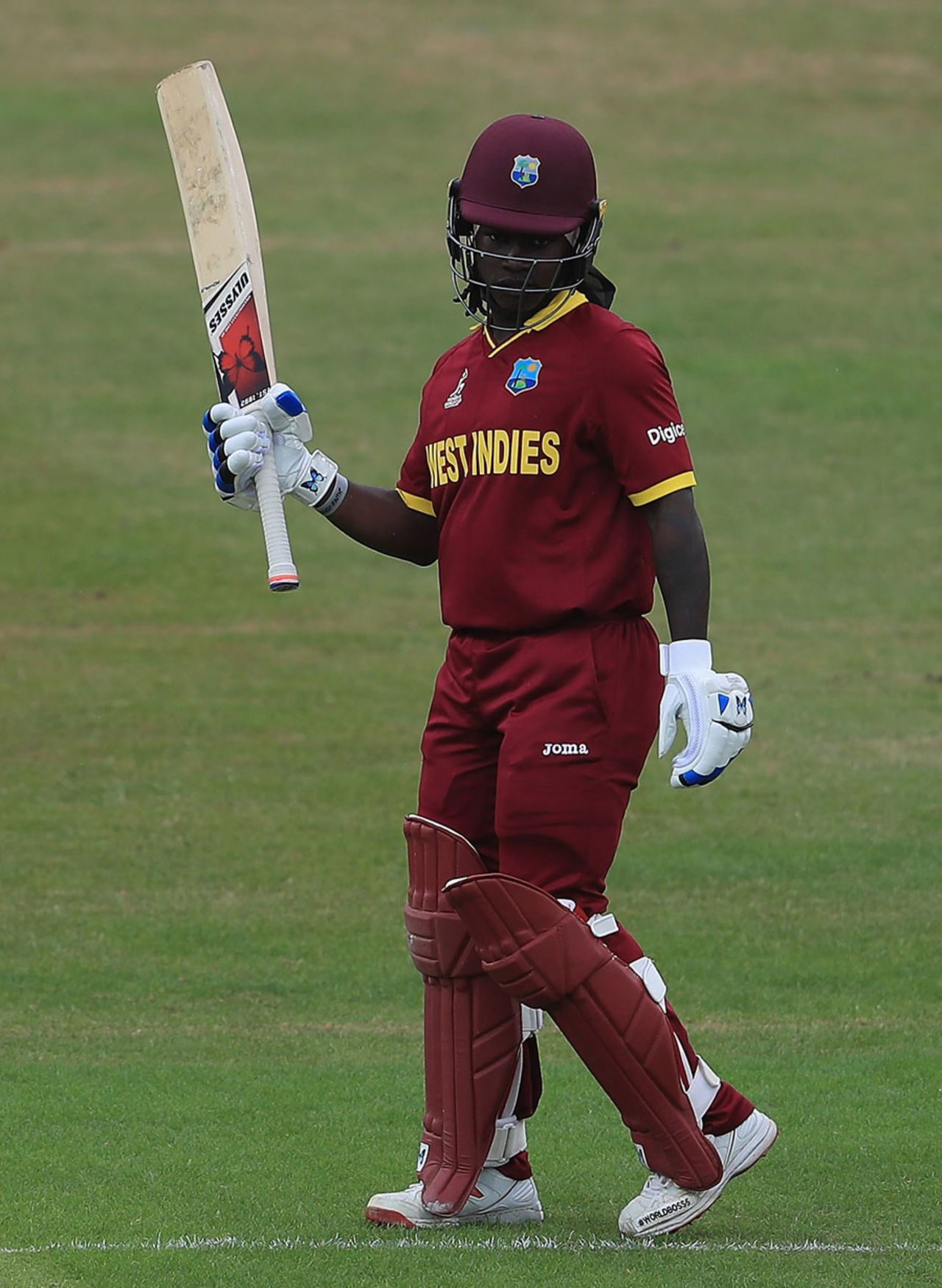 Deandra Dottin raises her bat after getting to a half-century, Pakistan v West Indies, Women's World Cup, Leicester, 11 July 2017