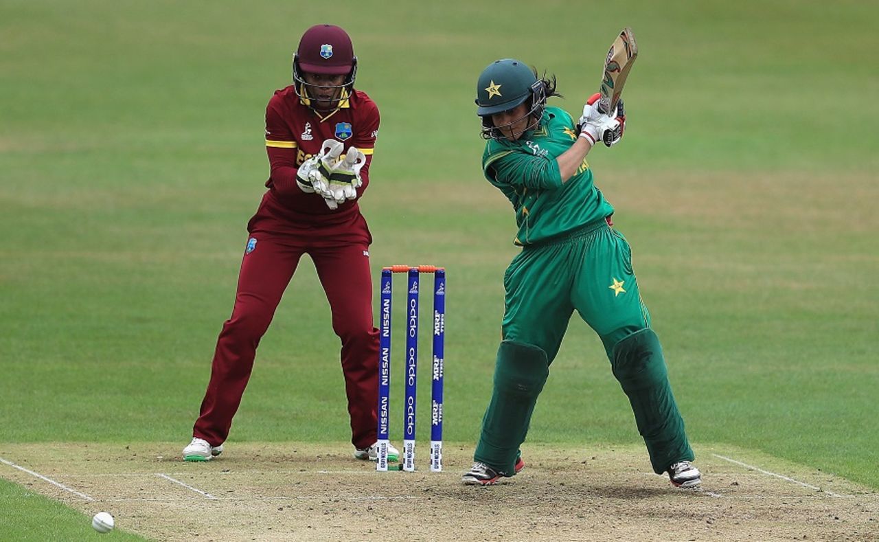 Javeria Khan forces one through the off side, Pakistan v West Indies, Women's World Cup, Leicester, 11 July 2017