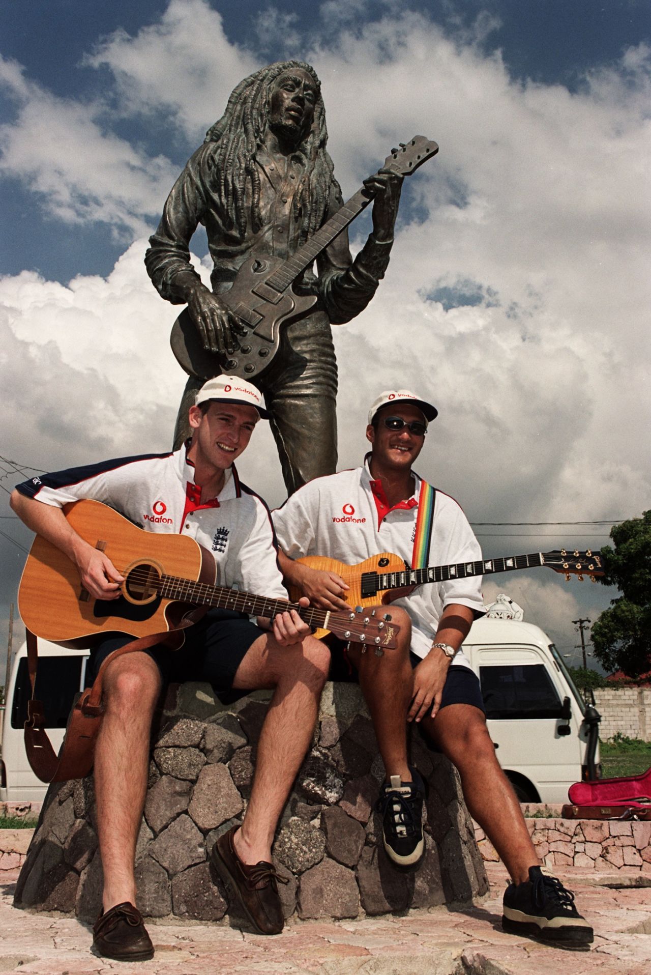 England's Chris Silverwood and Mark Butcher pose under Bob Marley's statue in Celebrity Park, Kingston, January 13, 1998