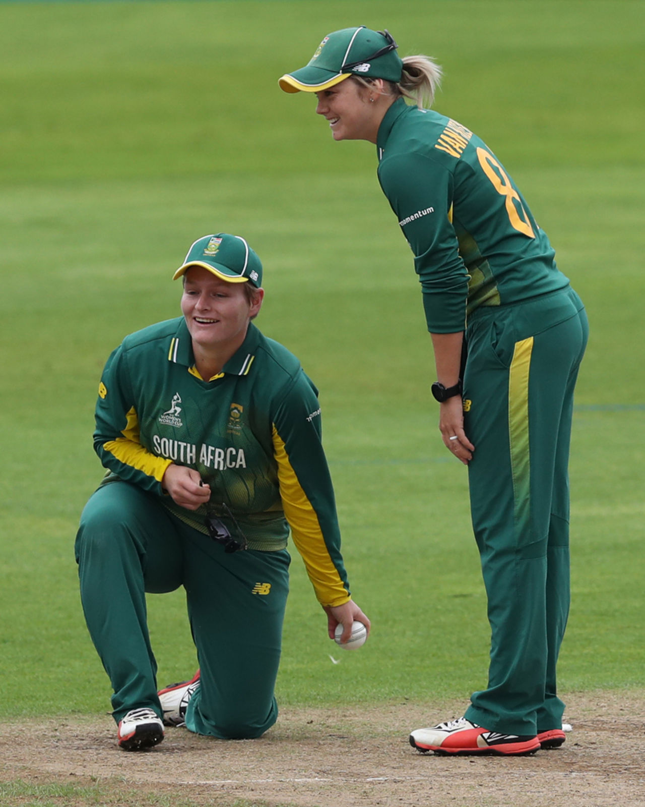 Dane van Niekerk and Lizelle Lee have a laugh after the latter took a few tumbles at point, South Africa Women v Sri Lanka Women, Women's World Cup, Taunton, July 12, 2017