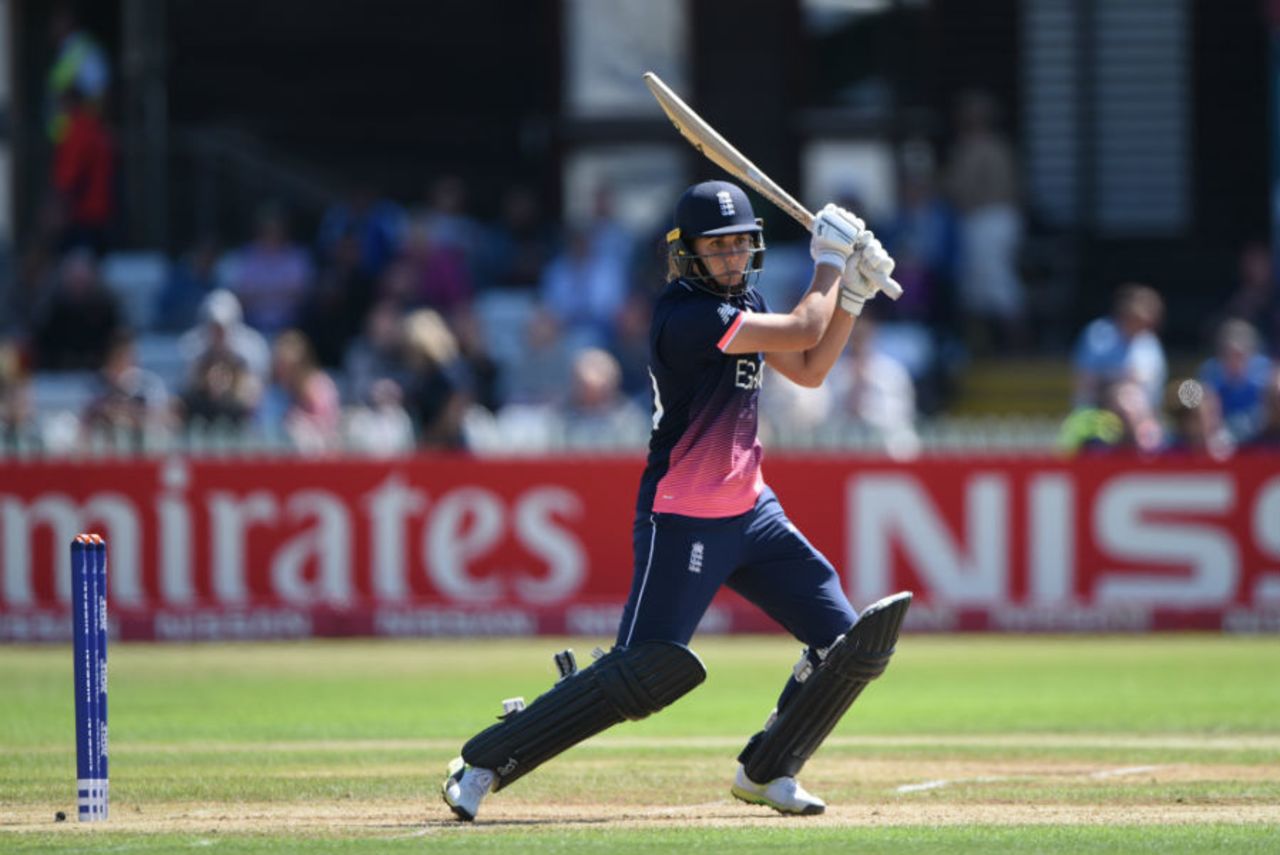 Nat Sciver drives through the covers, England v New Zealand, Women's World Cup, Derby, July 12, 2017