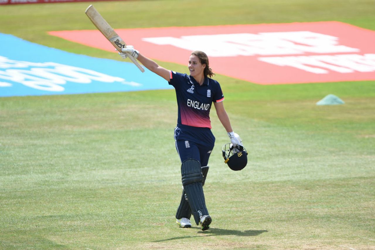 Nat Sciver celebrates her second century of the World Cup, England v New Zealand, Women's World Cup, Derby, July 12, 2017