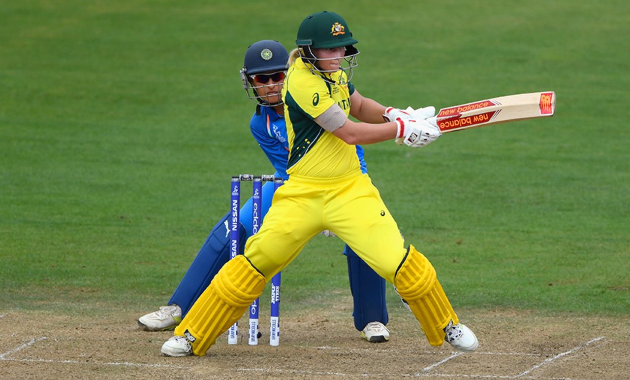 Meg Lanning swivels and plays a pull, Australia v India, Women's World Cup, Bristol, July 12, 2017